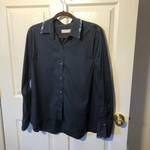 Poggianti 1958 women navy blue button up shirt, flowery trim, size 2 (US 14)
